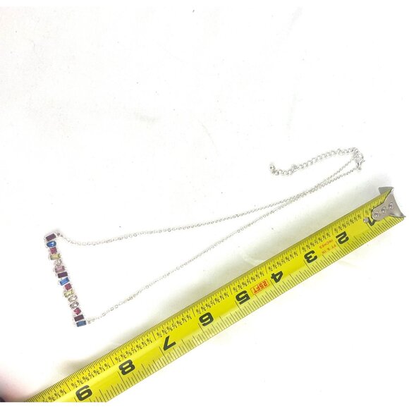 Silver-Tone Chain Necklace With Multi-Color Gem Accents & Abstract Bar Pendant - Picture 3 of 10